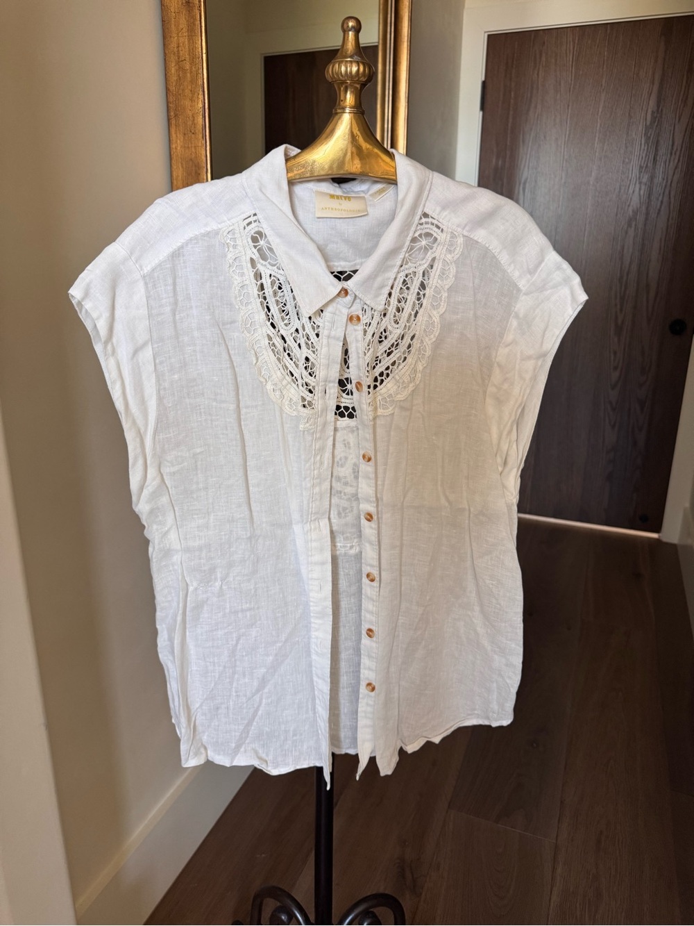 Anthropologie Mauve White Lace Yoke Button-Down Top
